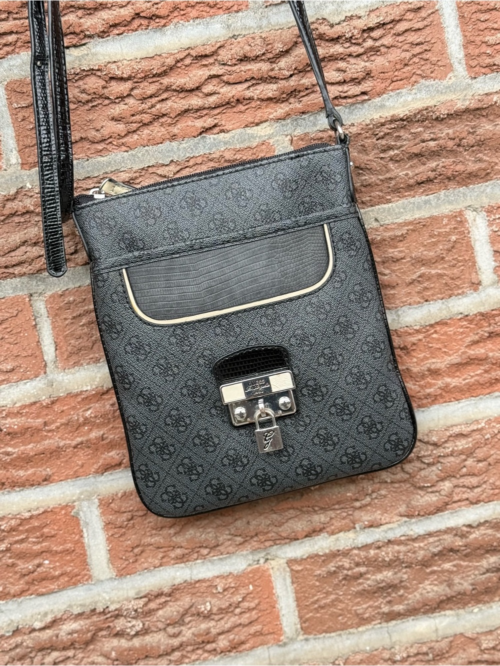 GUESS Est. 1981 Monogram Flap Crossbody Bag with Hardware Padlock Accent